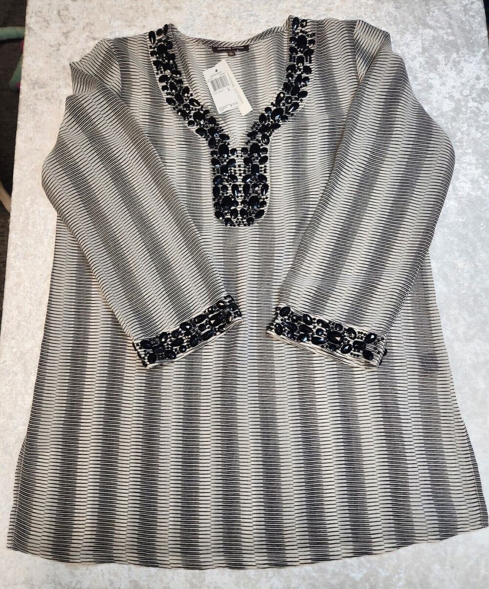 NWT Adrienne Vittadini Womens Black & White Embellished Tunic Top-Size Large
